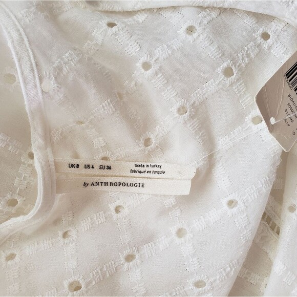 Anthropologie Eyelet Tie Neck 100% Cotton Summer Dress White Size 4 Round Neck - Picture 9 of 12